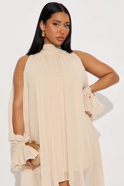 Elegant Flowy High Neck Cold Shoulder Chic Bohemian Beige High-Low Women's Prom Gown