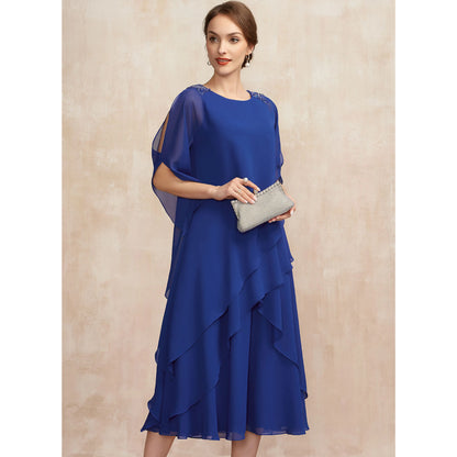 Elegant Flowy Round Neck Tiered Royal Blue Midi Mother of the Bride Gown