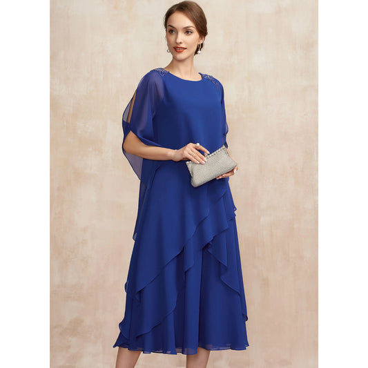 Elegant Flowy Round Neck Tiered Royal Blue Midi Mother of the Bride Gown