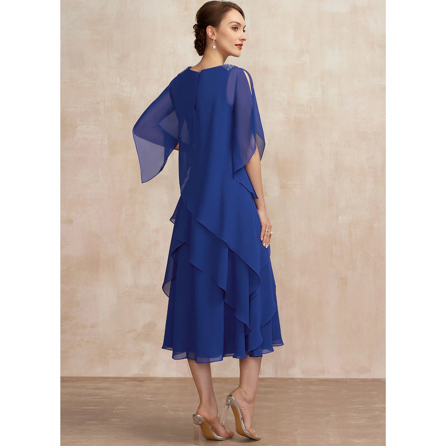 Elegant Flowy Round Neck Tiered Royal Blue Midi Mother of the Bride Gown
