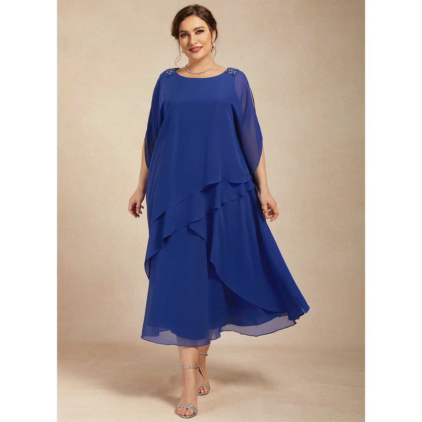 Elegant Flowy Round Neck Tiered Royal Blue Midi Mother of the Bride Gown