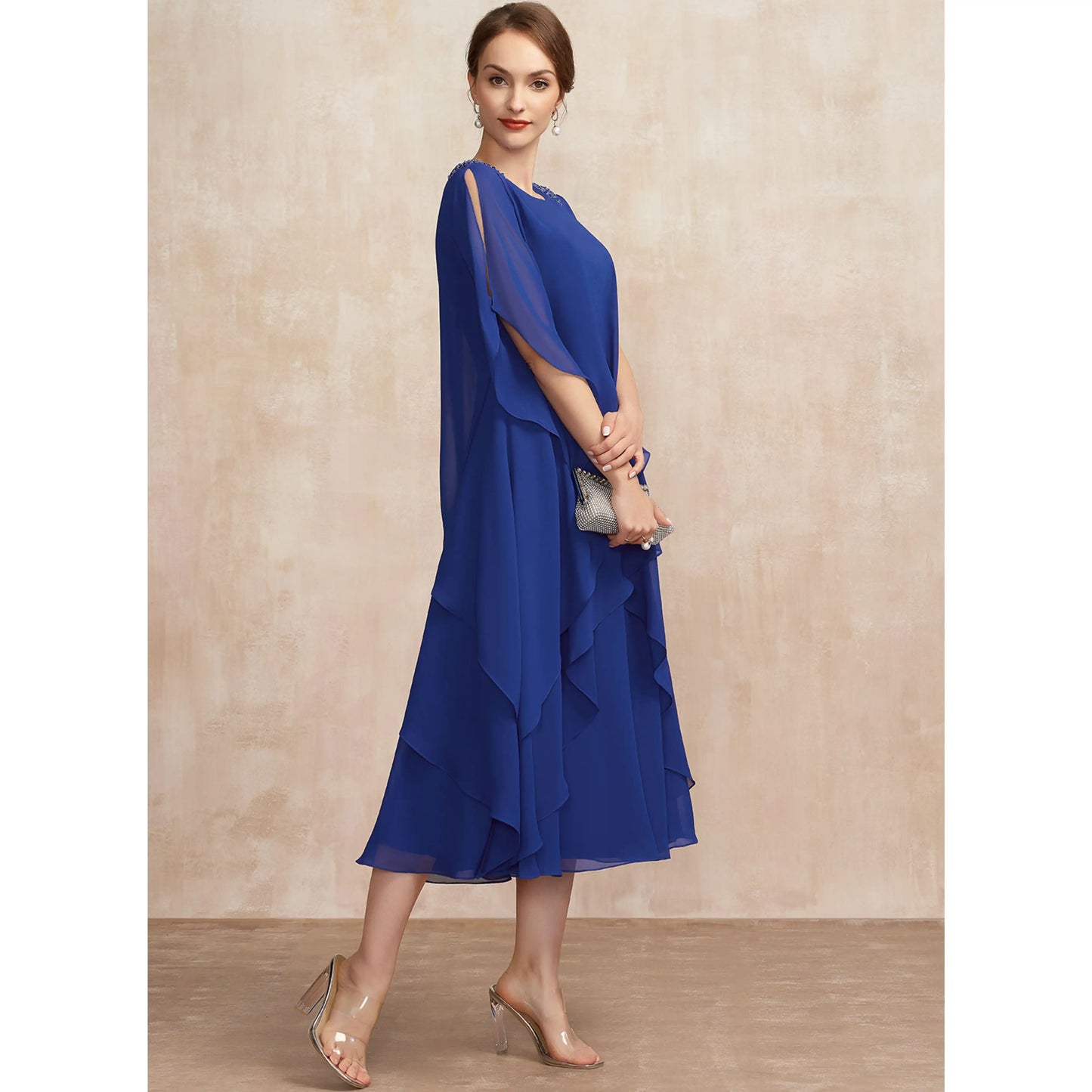 Elegant Flowy Round Neck Tiered Royal Blue Midi Mother of the Bride Gown