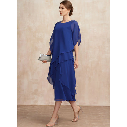 Elegant Flowy Round Neck Tiered Royal Blue Midi Mother of the Bride Gown