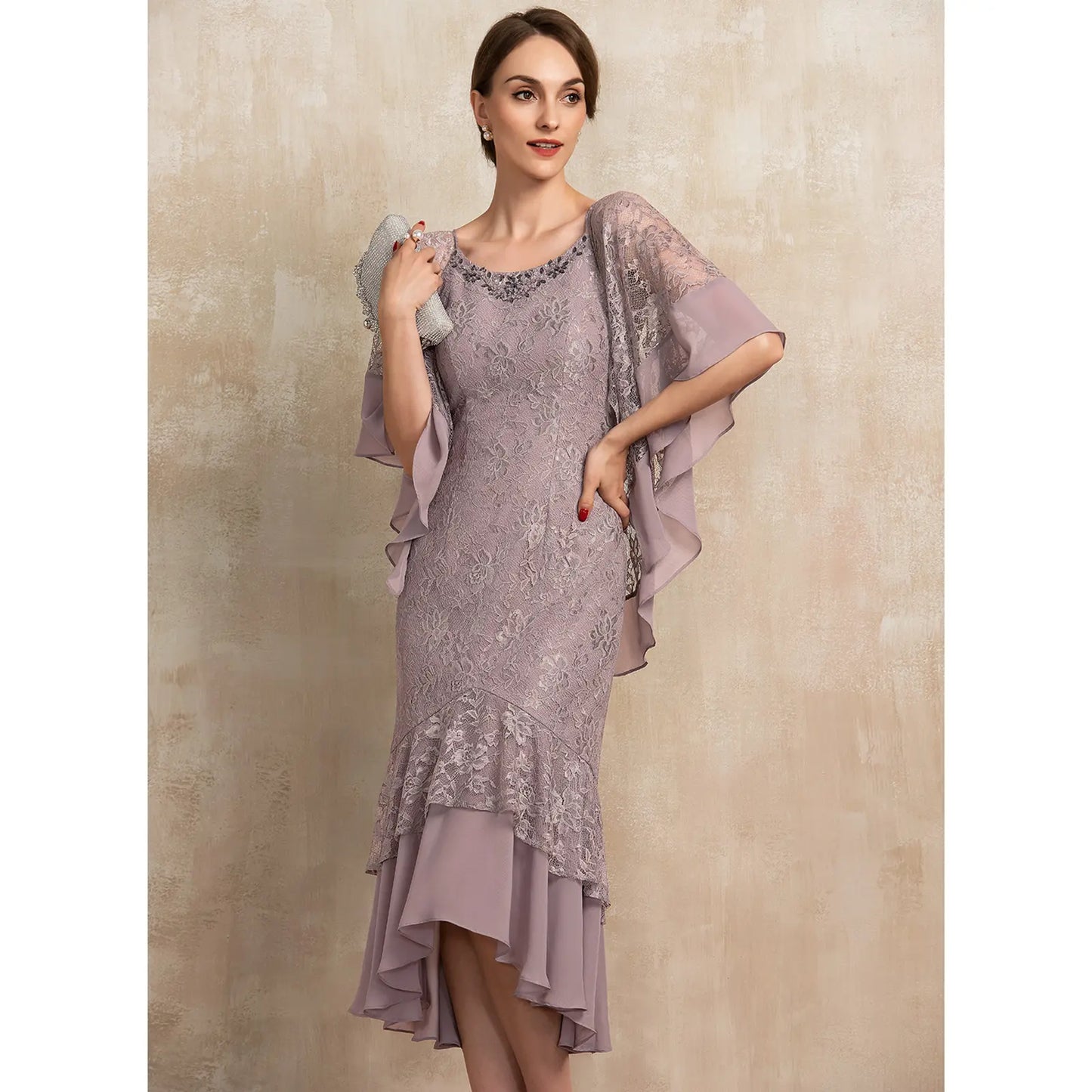 Elegant Lace Flutter Sleeve Dusty Lavender Midi Mother of the Bride Gown