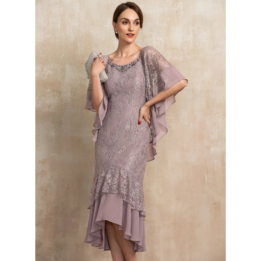 Elegant Lace Flutter Sleeve Dusty Lavender Midi Mother of the Bride Gown