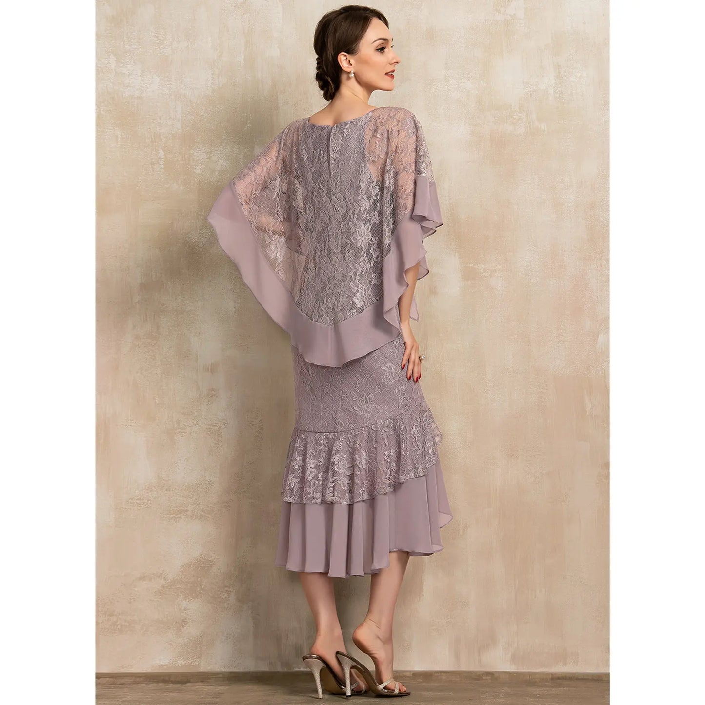 Elegant Lace Flutter Sleeve Dusty Lavender Midi Mother of the Bride Gown