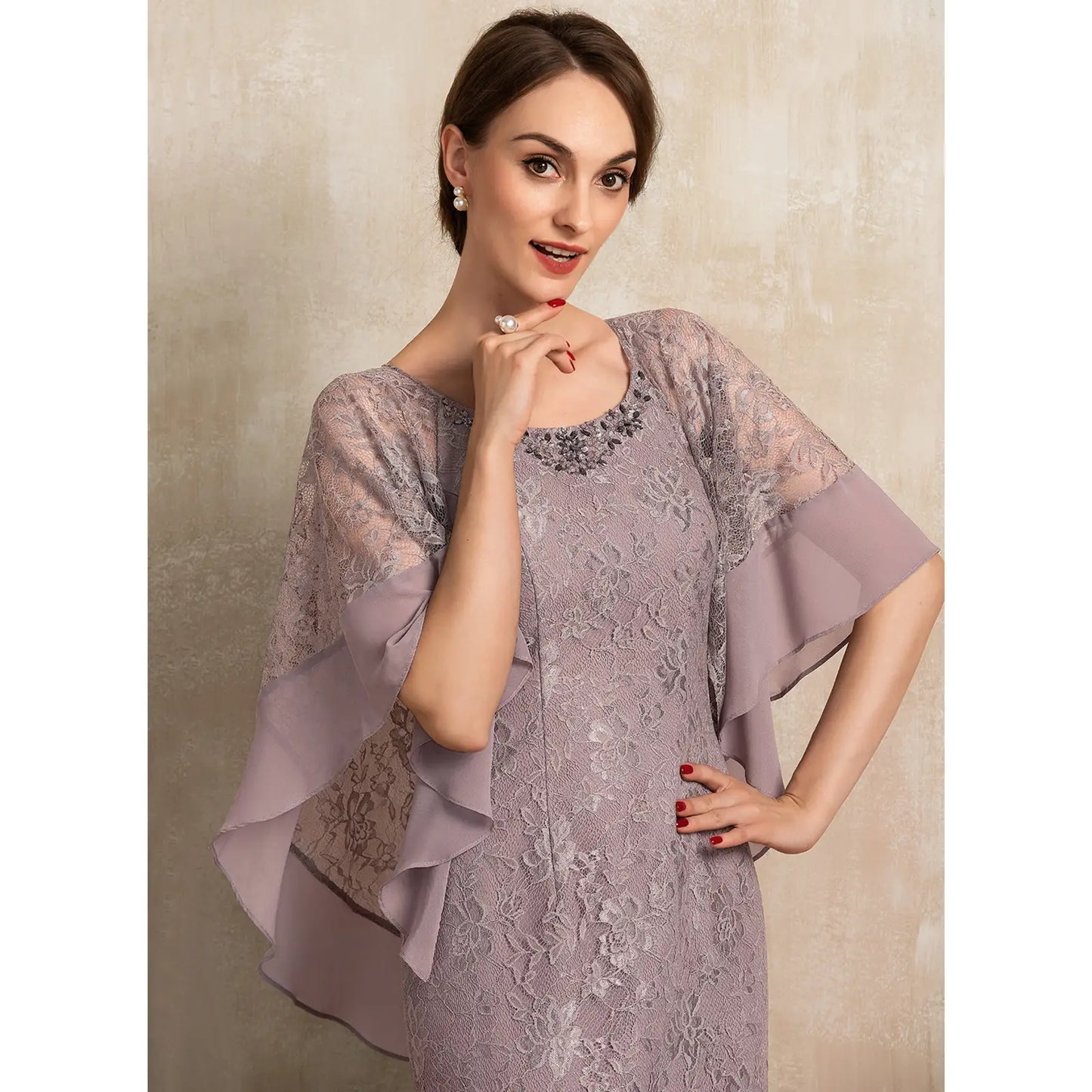 Elegant Lace Flutter Sleeve Dusty Lavender Midi Mother of the Bride Gown