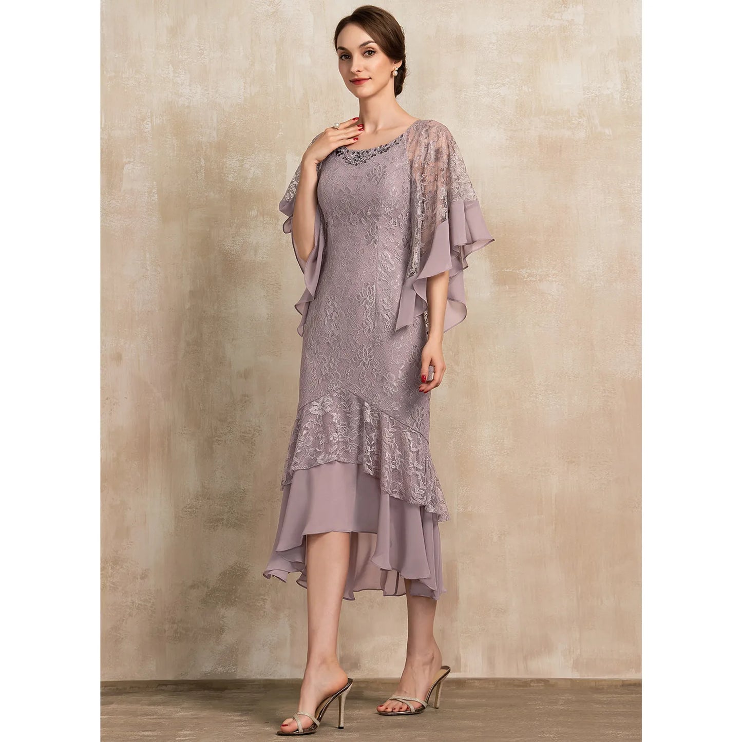 Elegant Lace Flutter Sleeve Dusty Lavender Midi Mother of the Bride Gown