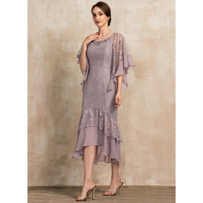 Elegant Lace Flutter Sleeve Dusty Lavender Midi Mother of the Bride Gown