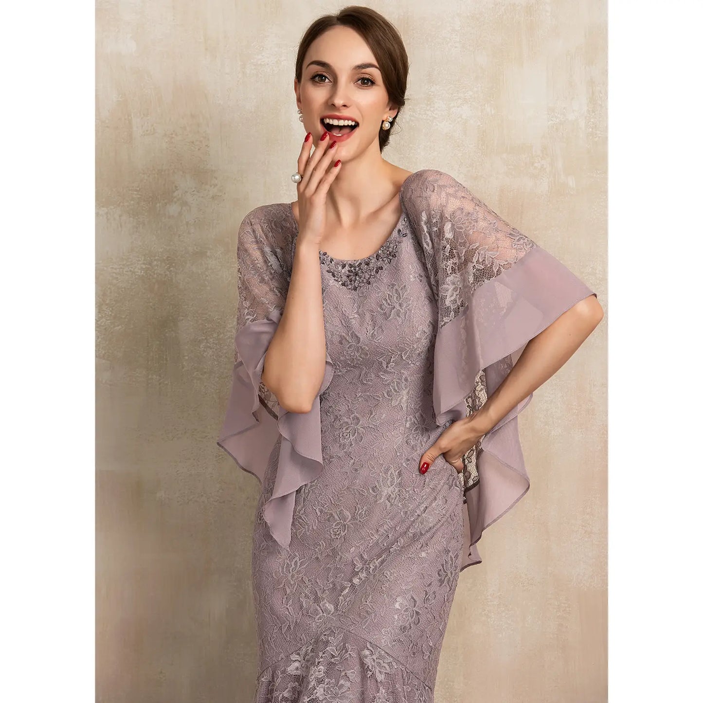 Elegant Lace Flutter Sleeve Dusty Lavender Midi Mother of the Bride Gown