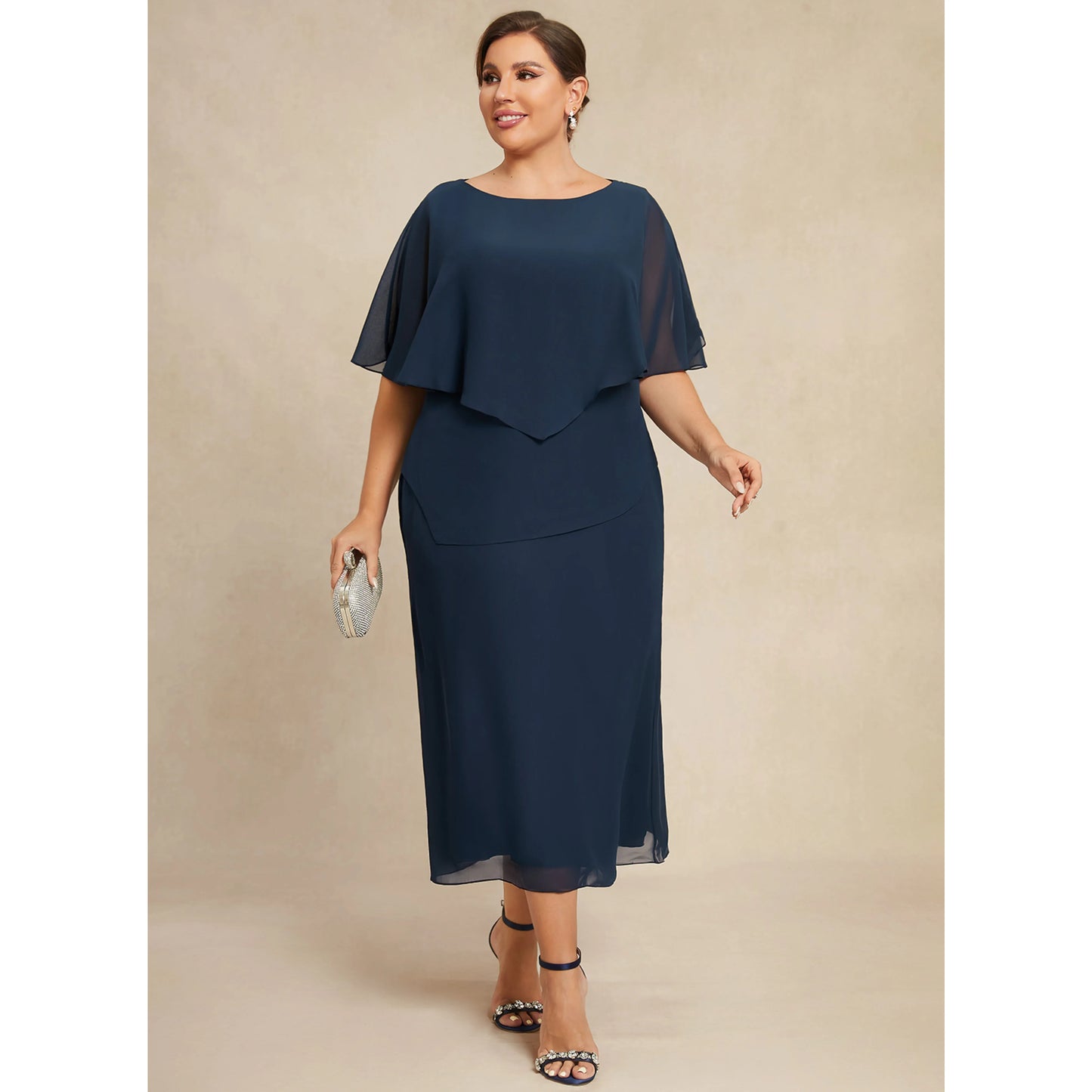 Elegant Layered A-Line Boat Neck Flutter Sleeve Navy Midi Mother Dress