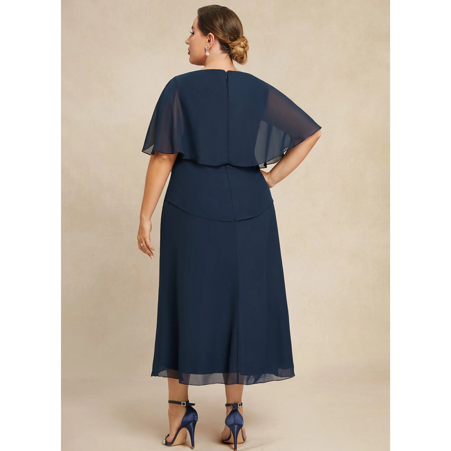 Elegant Layered A-Line Boat Neck Flutter Sleeve Navy Midi Mother Dress