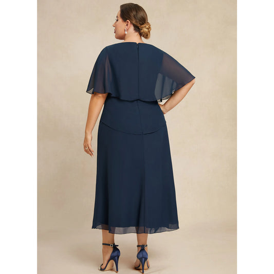 Elegant Layered A-Line Boat Neck Flutter Sleeve Navy Midi Mother Dress
