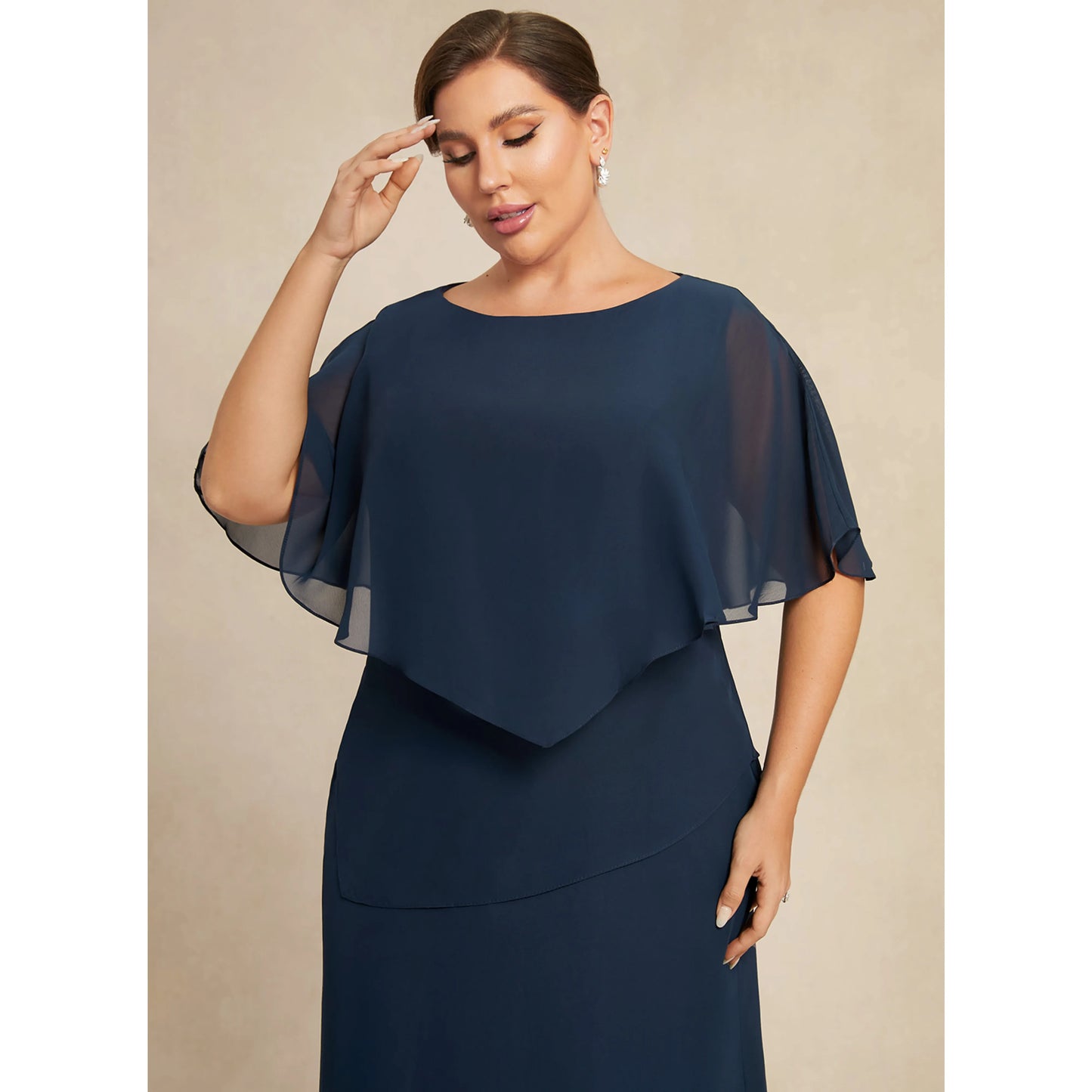 Elegant Layered A-Line Boat Neck Flutter Sleeve Navy Midi Mother Dress