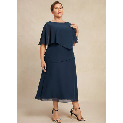 Elegant Layered A-Line Boat Neck Flutter Sleeve Navy Midi Mother Dress