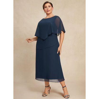 Elegant Layered A-Line Boat Neck Flutter Sleeve Navy Midi Mother Dress