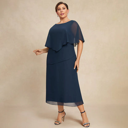 Elegant Layered A-Line Boat Neck Flutter Sleeve Navy Midi Mother Dress