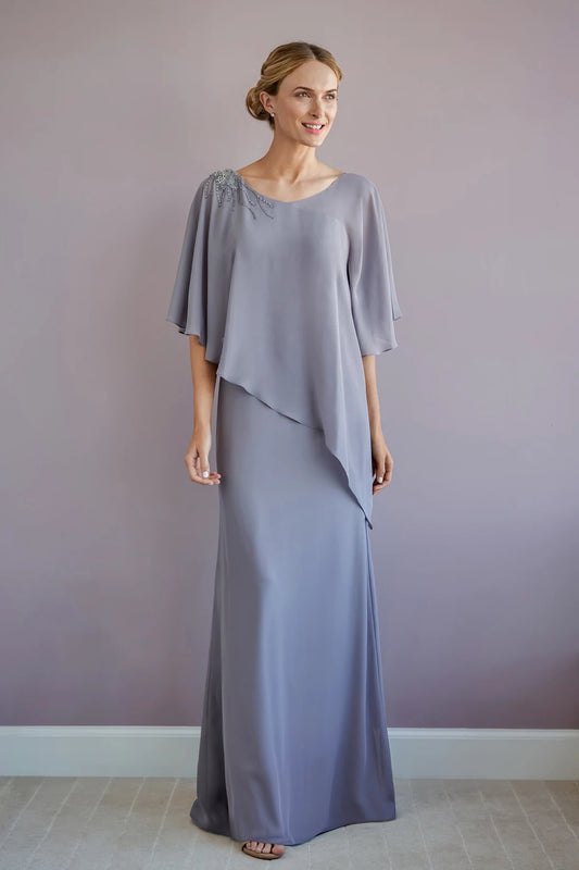 Elegant Layered V-Neck Short Sleeve Beaded Grey Floor-Length Mother of the Bride Gown