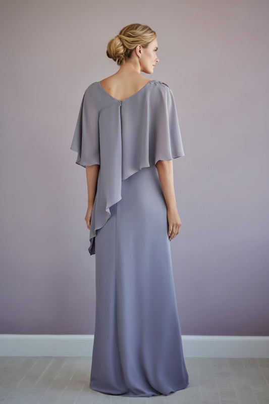 Elegant Layered V-Neck Short Sleeve Beaded Grey Floor-Length Mother of the Bride Gown