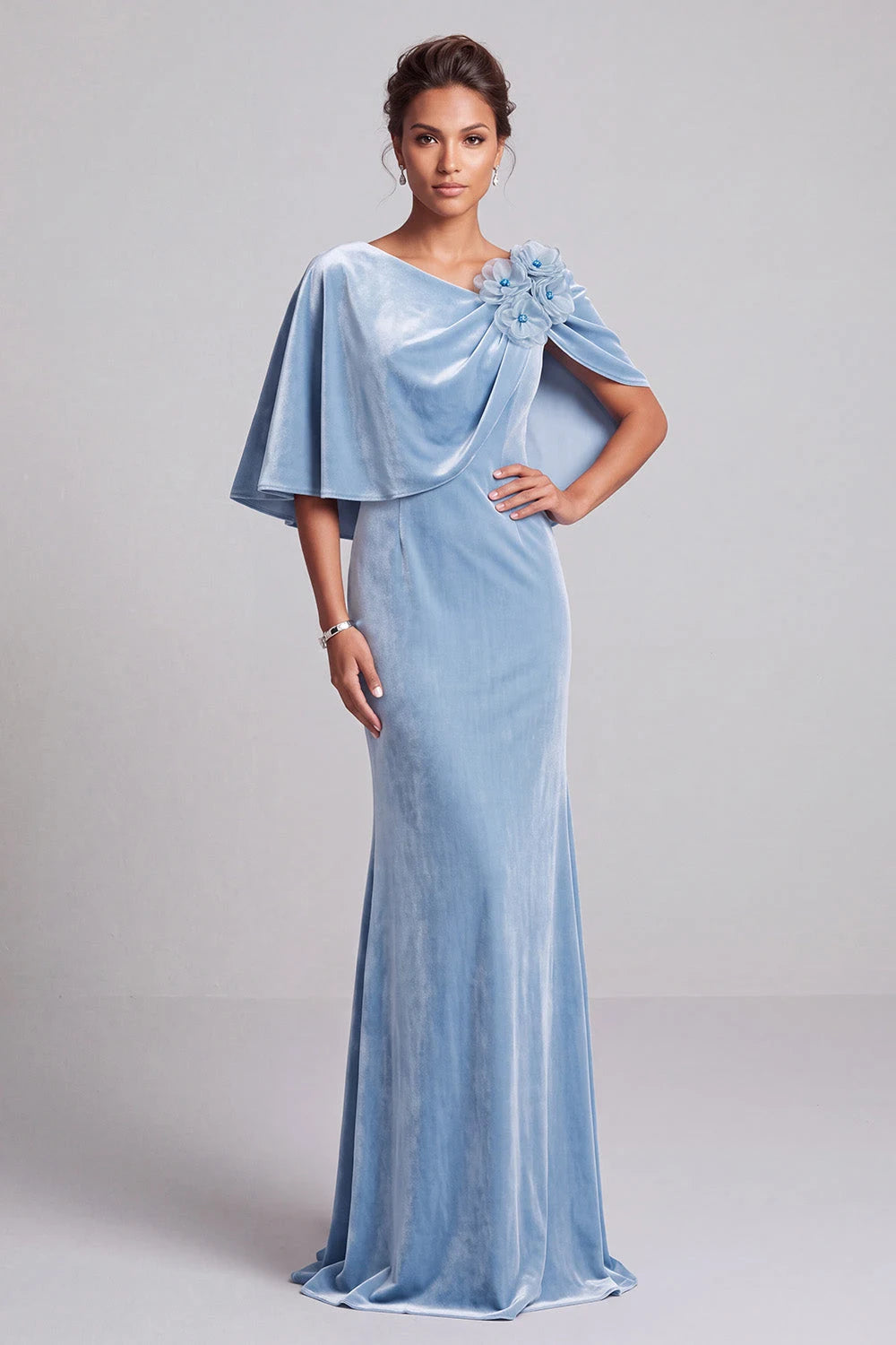 Elegant Mermaid Asymmetrical Neck Draped Capelet Powder Blue Floor-Length Prom Gown