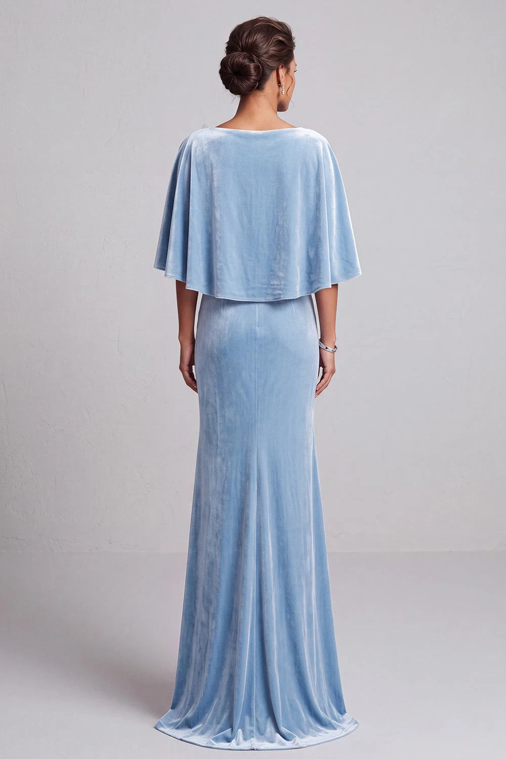Elegant Mermaid Asymmetrical Neck Draped Capelet Powder Blue Floor-Length Prom Gown