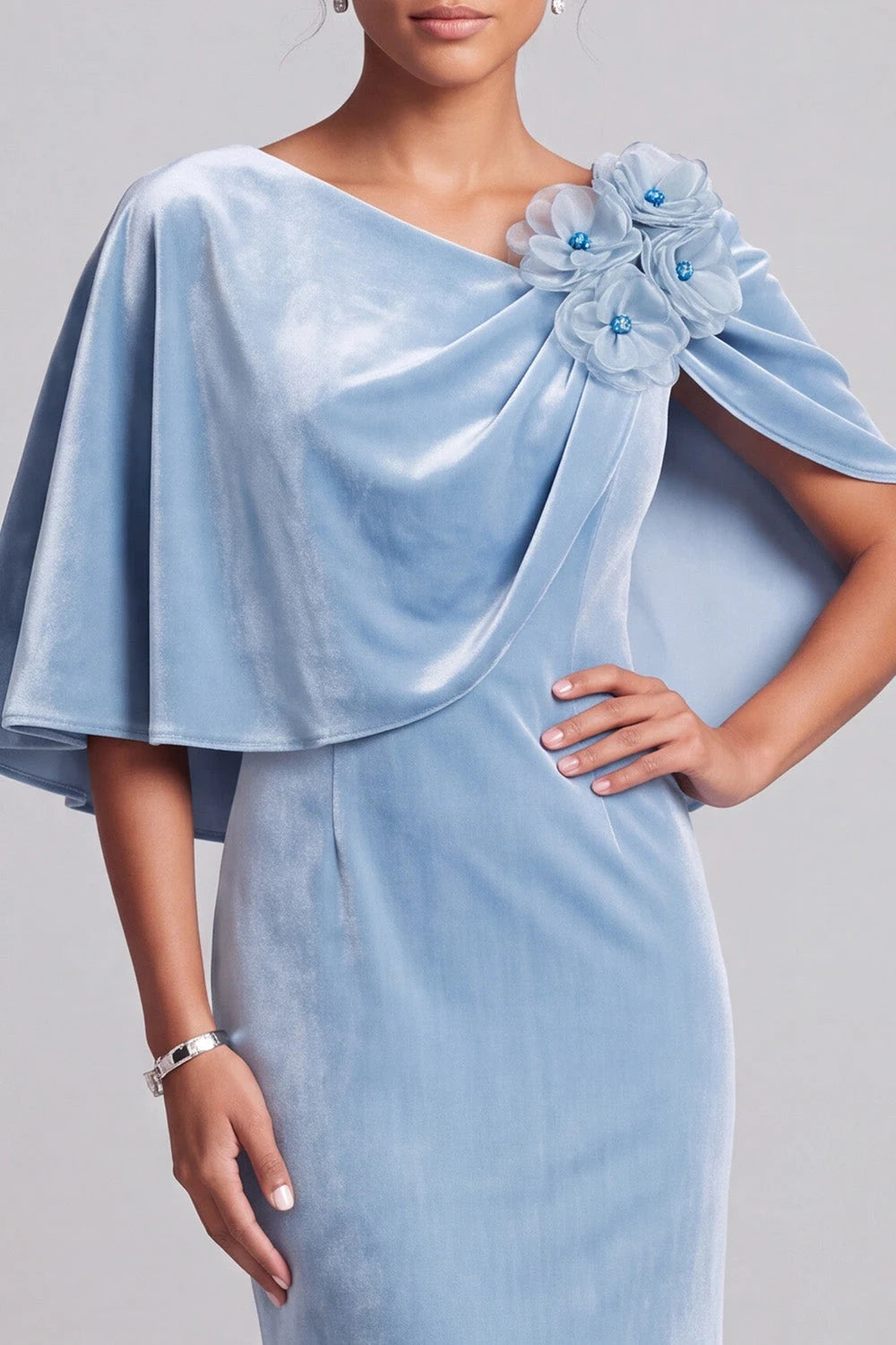 Elegant Mermaid Asymmetrical Neck Draped Capelet Powder Blue Floor-Length Prom Gown