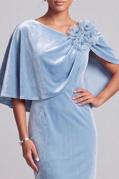 Elegant Mermaid Asymmetrical Neck Draped Capelet Powder Blue Floor-Length Prom Gown