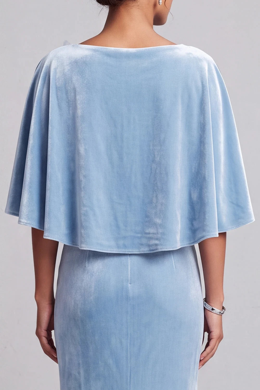 Elegant Mermaid Asymmetrical Neck Draped Capelet Powder Blue Floor-Length Prom Gown