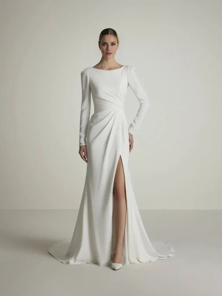 Elegant Mermaid Boat Neck Long Sleeve Ruched Slit Open Back White Wedding Dress