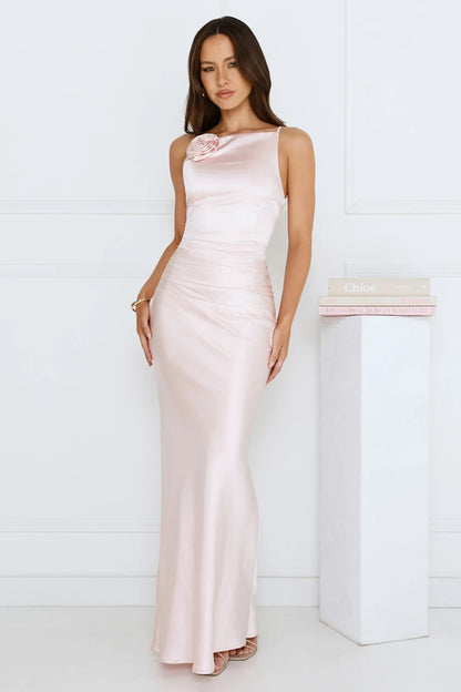 Elegant Mermaid Boat Neck Sleeveless Ruched Blush Pink Long Prom Gown
