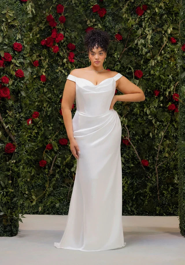 Elegant Mermaid Cowl-Neck Sleeveless Ruched-Back White Maxi Wedding Dresses Women Gown