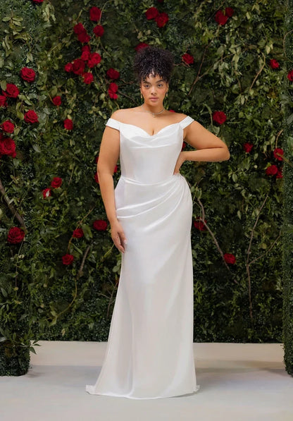 Elegant Mermaid Cowl-Neck Sleeveless Ruched-Back White Maxi Wedding Dresses Women Gown