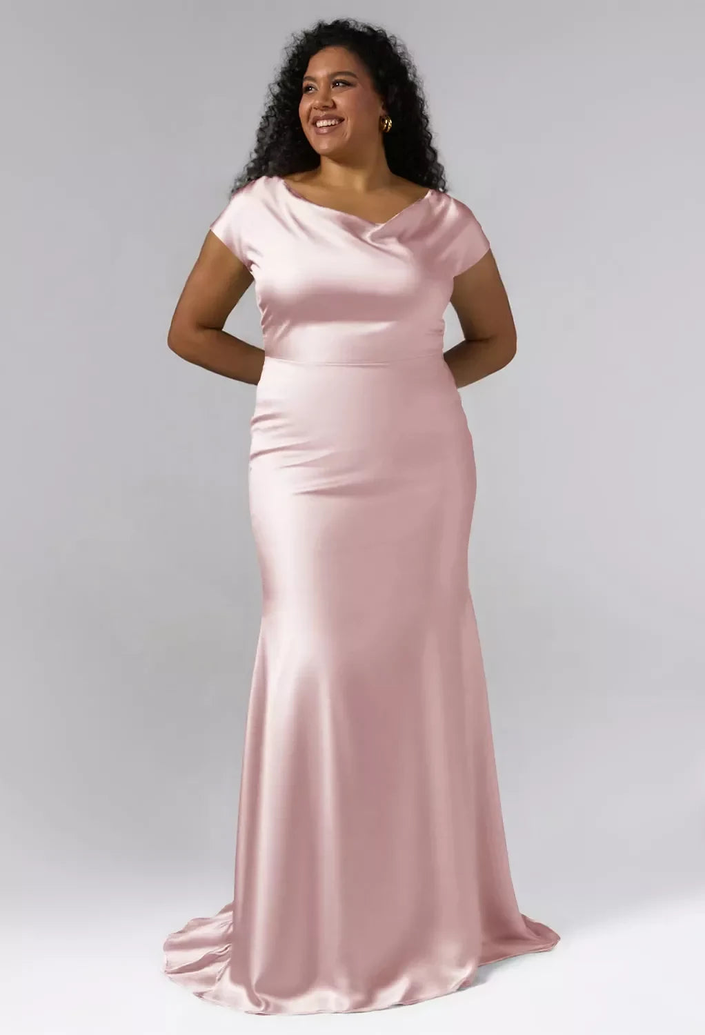 Elegant Mermaid Cowl Cap-Sleeve Sleek-Formal Pink Maxi Bridesmaid Dress Women Gown