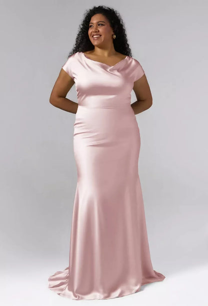 Elegant Mermaid Cowl Cap-Sleeve Sleek-Formal Pink Maxi Bridesmaid Dress Women Gown