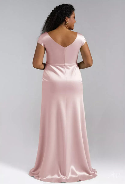 Elegant Mermaid Cowl Cap-Sleeve Sleek-Formal Pink Maxi Bridesmaid Dress Women Gown