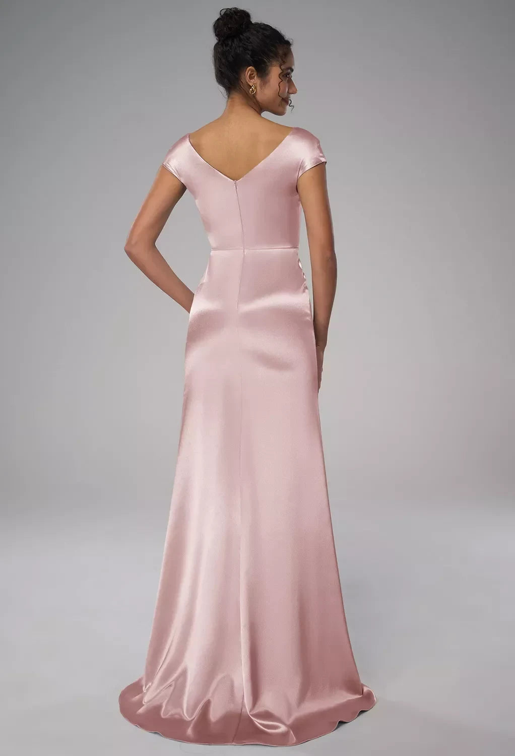 Elegant Mermaid Cowl Cap-Sleeve Sleek-Formal Pink Maxi Bridesmaid Dress Women Gown