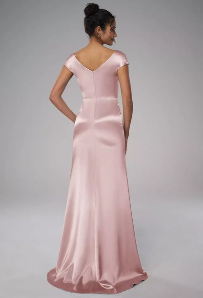 Elegant Mermaid Cowl Cap-Sleeve Sleek-Formal Pink Maxi Bridesmaid Dress Women Gown