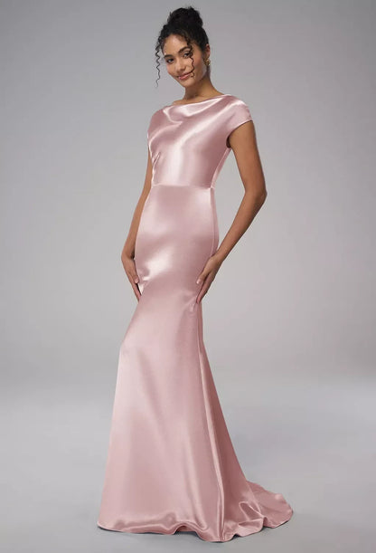 Elegant Mermaid Cowl Cap-Sleeve Sleek-Formal Pink Maxi Bridesmaid Dress Women Gown