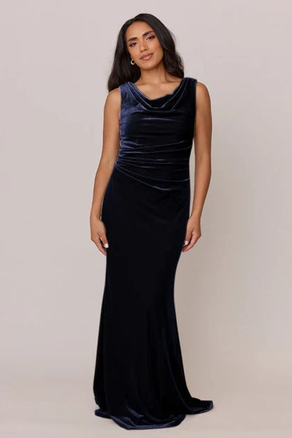 Elegant Mermaid Cowl Neck Sleeveless Draped Navy Blue Floor-Length Bridesmaid Dress