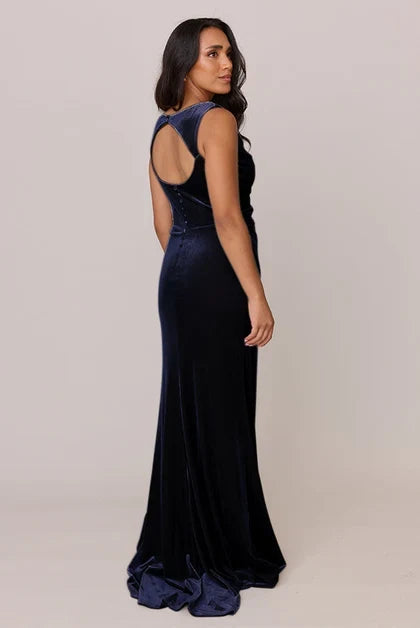 Elegant Mermaid Cowl Neck Sleeveless Draped Navy Blue Floor-Length Bridesmaid Dress