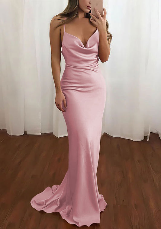 Elegant Mermaid Cowl Neck Sleeveless Glamorous Backless Dusty Rose Floor-Length Prom Dresses for Women