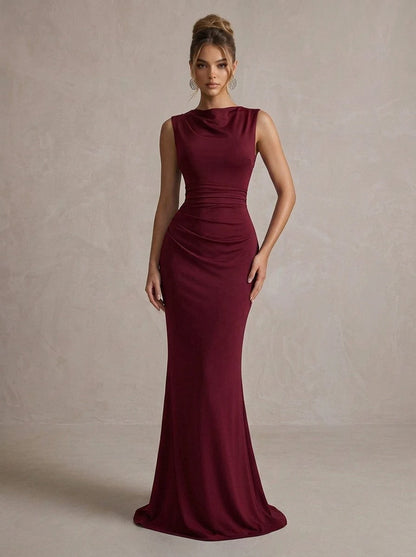 Elegant Mermaid Cowl Sleeveless Ruched Backless Burgundy Long Prom Dresses Women