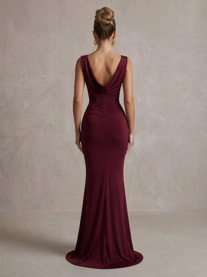 Elegant Mermaid Cowl Sleeveless Ruched Backless Burgundy Long Prom Dresses Women