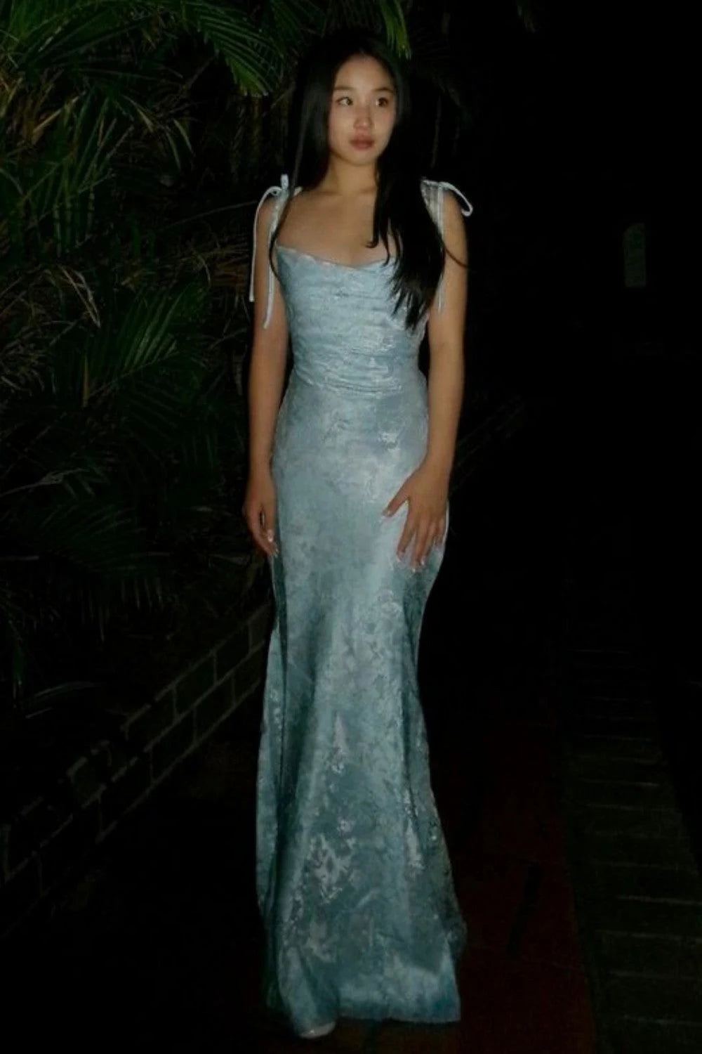 Elegant Mermaid Cowl Sleeveless Tie Ruched Blue Long Prom Dresses Gown
