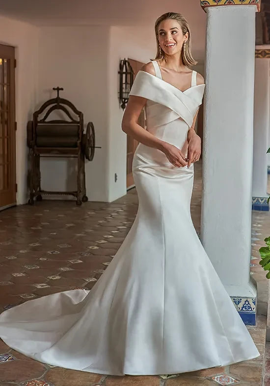 Elegant Mermaid Crossover Sleeveless Ruched Draped Ivory Long Wedding Dresses Bride