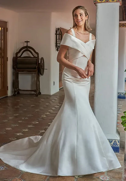 Elegant Mermaid Crossover Sleeveless Ruched Draped Ivory Long Wedding Dresses Bride