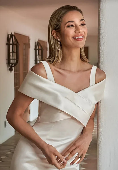 Elegant Mermaid Crossover Sleeveless Ruched Draped Ivory Long Wedding Dresses Bride