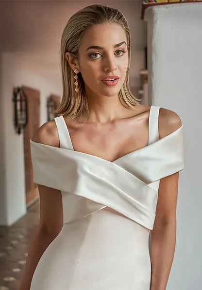Elegant Mermaid Crossover Sleeveless Ruched Draped Ivory Long Wedding Dresses Bride