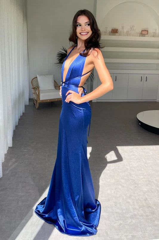 Elegant Mermaid Deep V-Neck Backless Ruched Royal Blue Floor-Length Prom Dresses