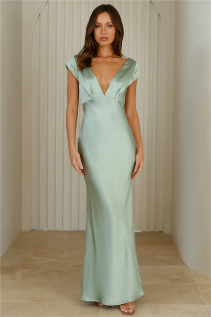 Elegant Mermaid Deep V-Neck Cap Sleeve Backless Sage Green Floor Prom Gown